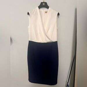 Nipon Boutique White and Blue Sheath Dress with Cowl Neck